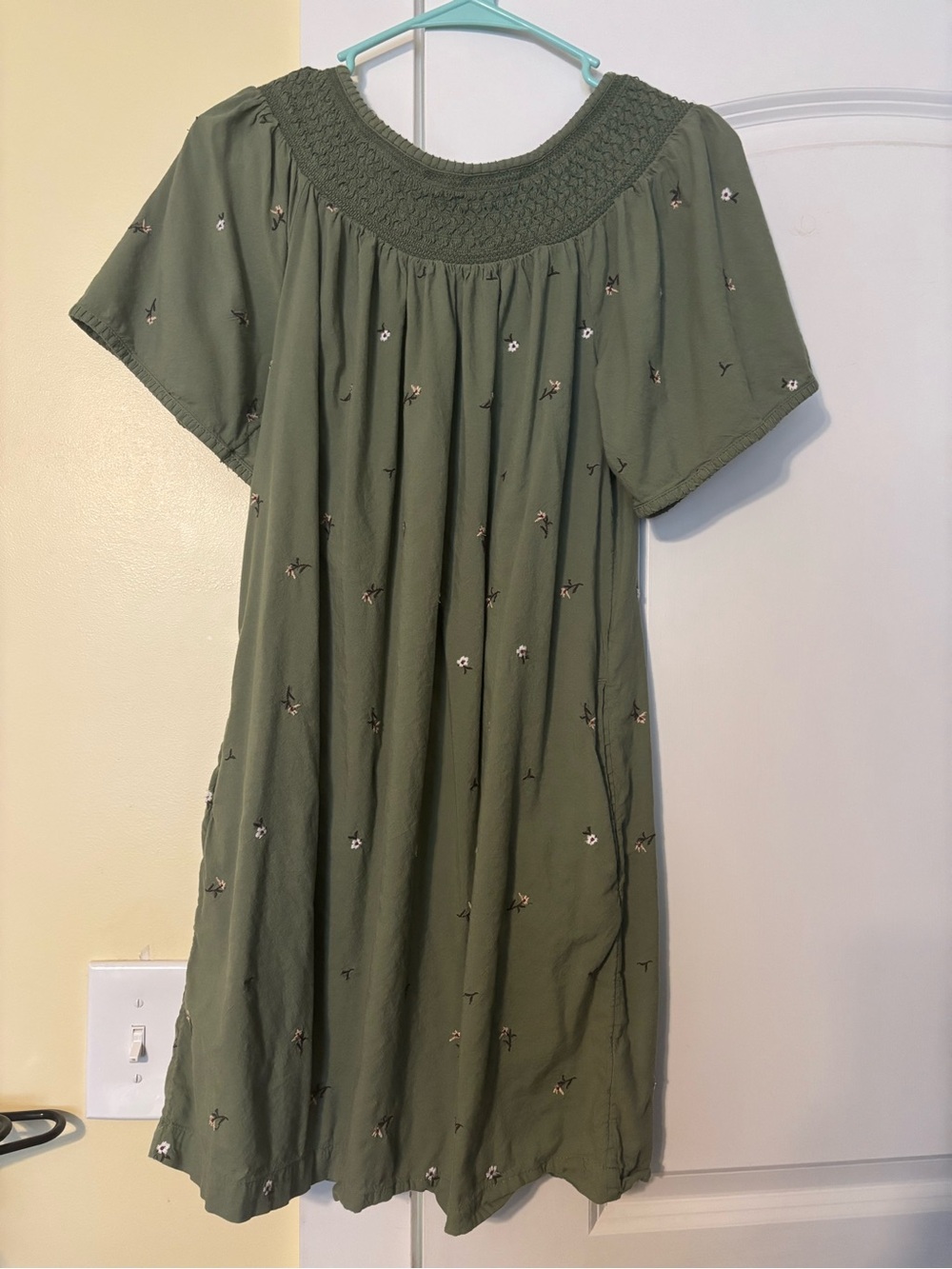 Old Navy Olive Green Smocked Yoke Midi Dress with Tiny Floral Embroidery